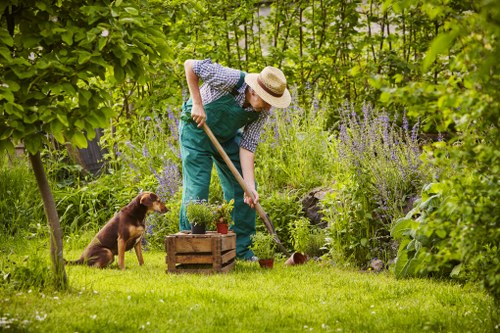 Landscape gardening in The Hyde with a stylish patio and planted borders